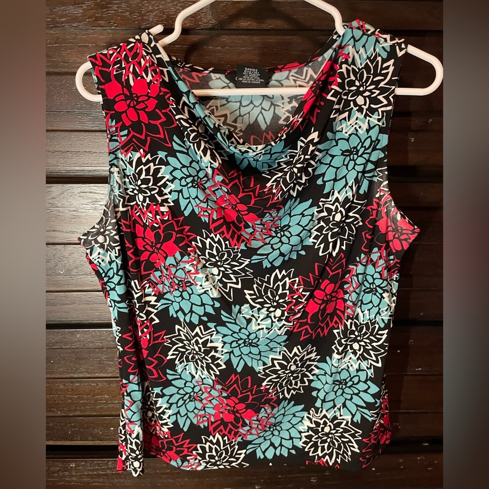 George Stretch Sleeveless Floral Blouse black with white, red and teal flowers
